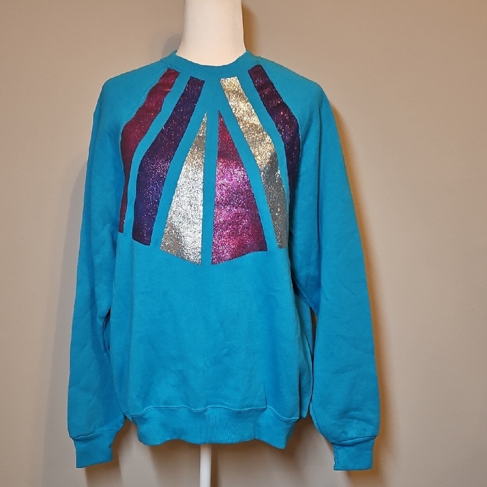 Lee Women's Blue Sweatshirt with Purple and Silver Design Retro Size XL